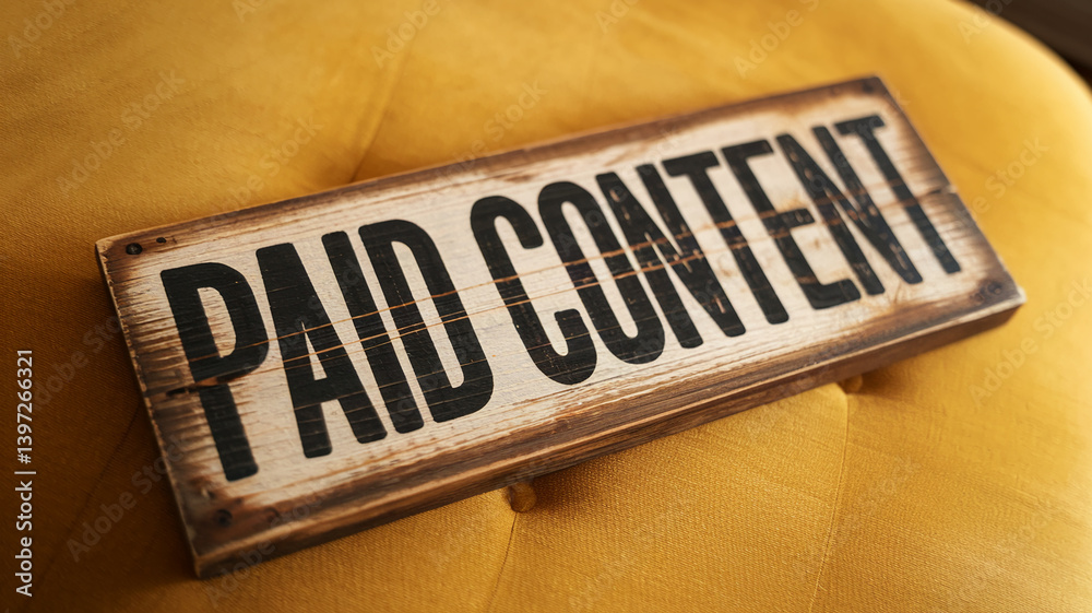 custom made wallpaper toronto digitalWooden sign with "Paid Content" in black lettering on a mustard yellow fabric background, showcasing a concept related to online advertising and marketing