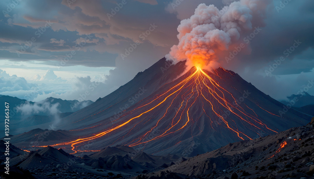 Fototapeta premium Majestic volcano erupting with lava flow and smoke