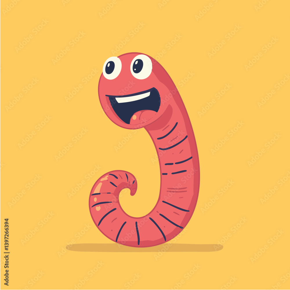 Fototapeta premium Happy Cartoon Worm on Yellow Background