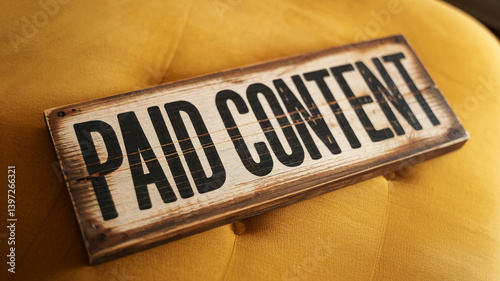 Wallpaper Mural Wooden sign with "Paid Content" in black lettering on a mustard yellow fabric background, showcasing a concept related to online advertising and marketing Torontodigital.ca