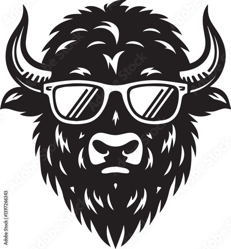 bull head with sunglass vector illustration, bull head with sunglass silhouette vector black and white