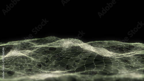 Dark cyberspace in digital background. Abstract technology wave with motion glowing dots and lines. Connection big data. Futuristic wireframe texture. Analysis a network connection. 3D rendering.