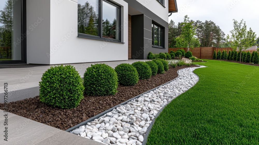 Obraz premium Modern Landscape Design with Stone Path and Neatly Trimmed Shrubs in Contemporary Residential Garden