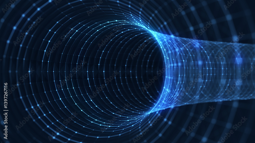 Fototapeta premium Futuristic sci-fi circle portal in space. 3D ai tunnel with dots and lines. Abstract digital wormhole data. Flow particle by funnel. Fantasy circle vortex on dark background. 3D rendering.