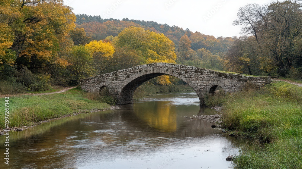 Fototapeta premium Stone Arch Bridge Over Calm River in Autumnal Setting