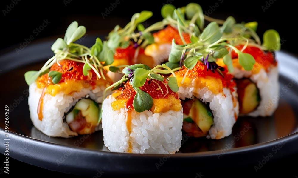 Delicious sushi rolls, rice, fish, avocado, and vibrant toppings Delicious sushi rolls, rice, fish, avocado, and vibrant toppings
