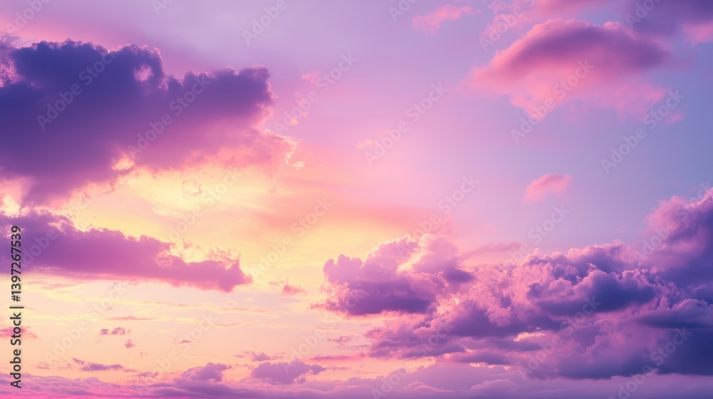 Fototapeta premium A dreamy, pastel sunset sky filled with fluffy clouds.