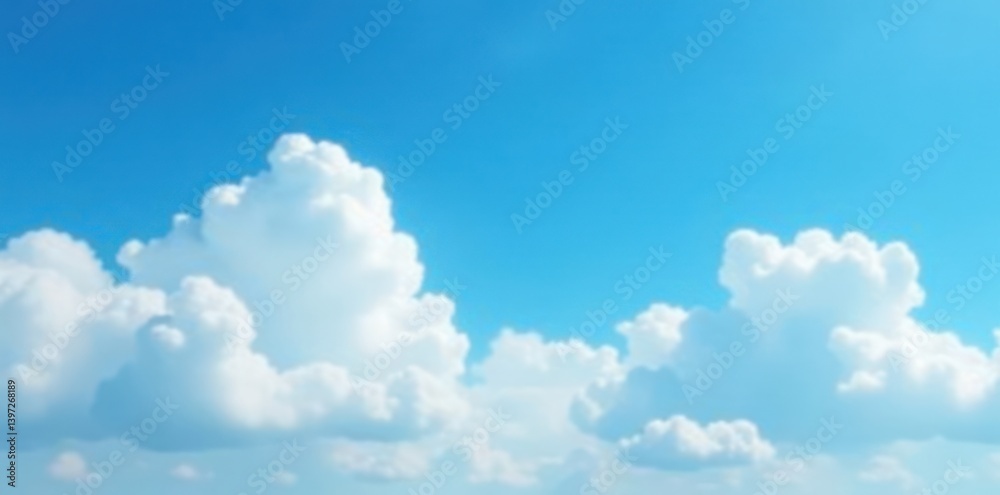 Soft focus blue sky with puffy white clouds against a bright blue background , blue background, atmospheric perspective Soft focus blue sky with puffy white clouds against a bright blue background , blue background, atmospheric perspective