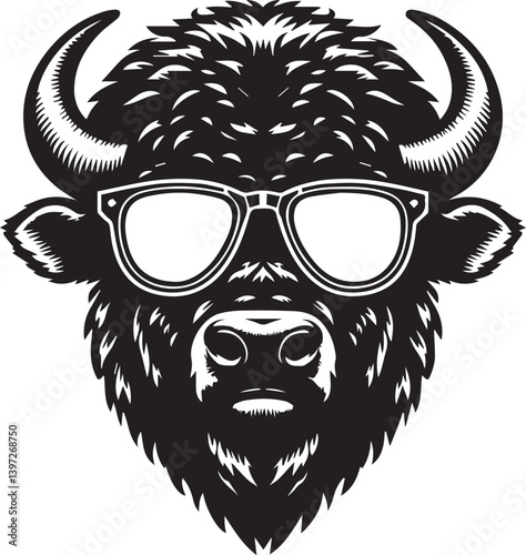 bull head with sunglass vector illustration, bull head with sunglass silhouette vector black and white
