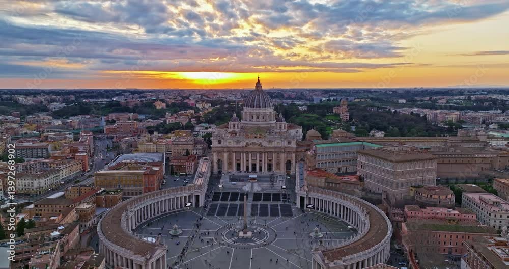 Aerial shot of the Vatican city state in Rome, Italy. Drone view of Saint Peter Basilica in Vatican State. Rome, Italy. A tourist attraction for all religious people