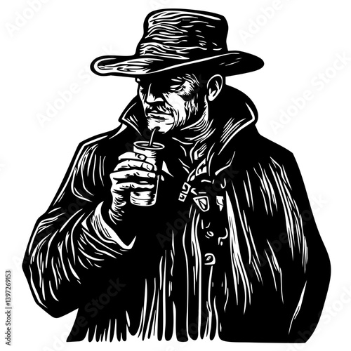 Mysterious Man in Hat Drinking from Cup - Vector Illustration