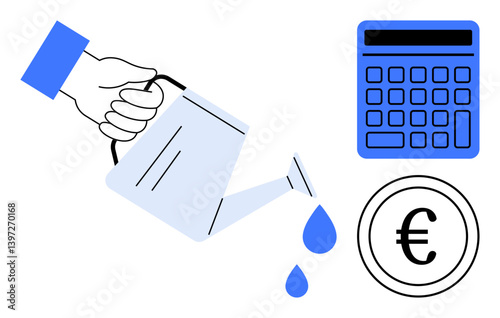Hand watering with drops falling, blue calculator, euro coin emphasizing finances, growth, savings, planning, calculation, investment and opportunities. Ideal for strategy finance budgeting