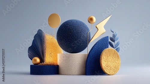 3D rendering, blue with minimal no specular highlights, golden lightning, few golden and blue circle-shaped decor, very clean and simple decor, geometric shape, behance, HD.