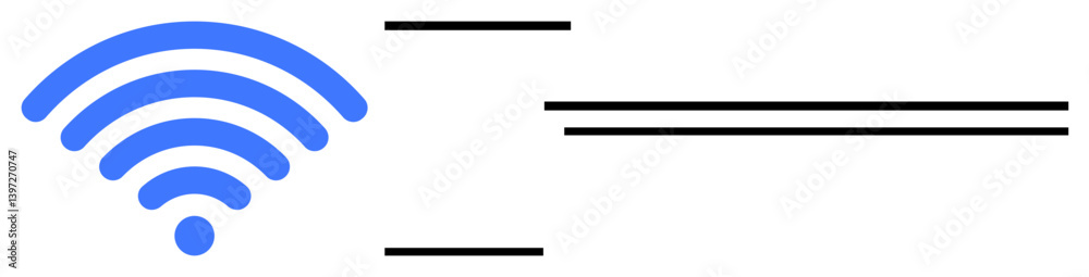 Blue wireless signal icon paired with black horizontal bars conveying communication, signal strength, and data. Ideal for technology, networking, internet services, wireless systems, communication Blue wireless signal icon paired with black horizontal bars conveying communication, signal strength, and data. Ideal for technology, networking, internet services, wireless systems, communication