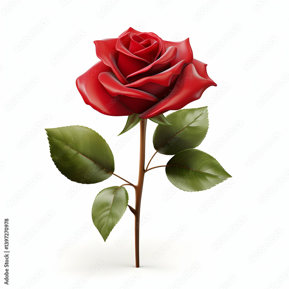 Obraz premium A single red rose with leaves on the stem, isolated on a white background