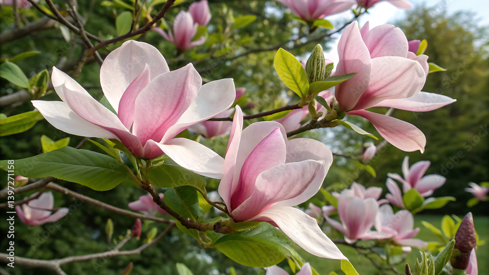 Obraz premium twig with blooming pink magnolia flowers close up over blue background, beautiful pink magnolia flowers blooming in the garden 