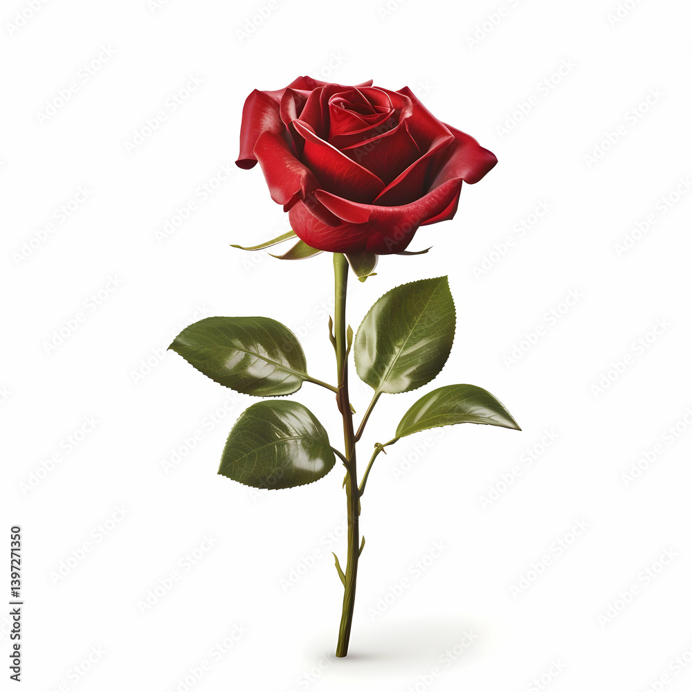 Obraz premium A single red rose with leaves on the stem, isolated on a white background