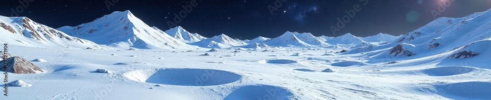 Snowy asteroid landscape with craters and icy surface , space, crater Snowy asteroid landscape with craters and icy surface , space, crater