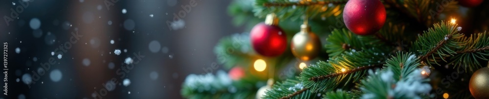 Fototapeta premium Snowflakes gently falling on a festive Christmas tree, christmas tree, serene, decorations