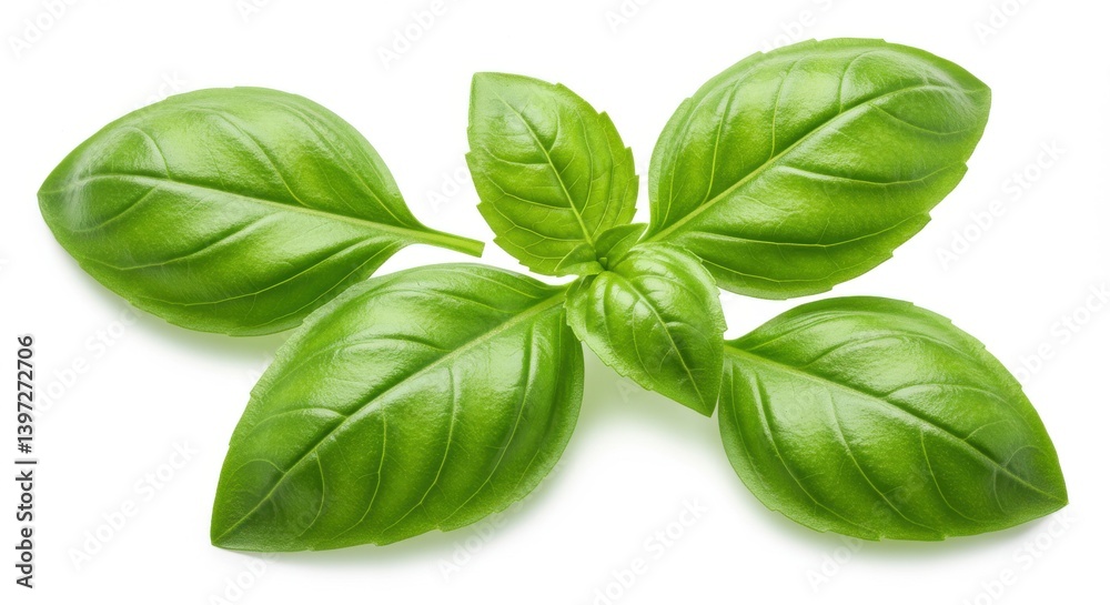 Fresh green basil leaves on white background with four distinct leaves clearly visible and vibrant Fresh green basil leaves on white background with four distinct leaves clearly visible and vibrant