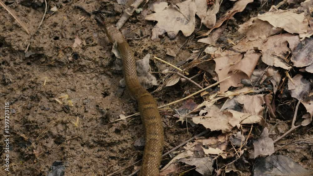 Brown snake slowly moving across muddy leafy woodland forest wilderness terrain Brown snake slowly moving across muddy leafy woodland forest wilderness terrain