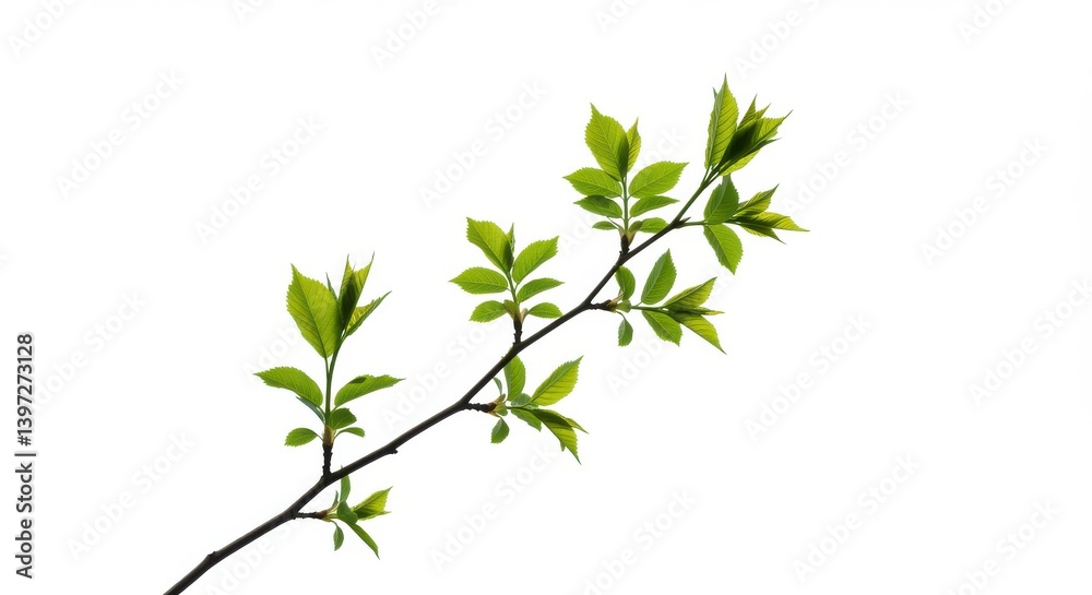 Young green leaves sprouting on a thin branch against a bright white background in spring season Young green leaves sprouting on a thin branch against a bright white background in spring season