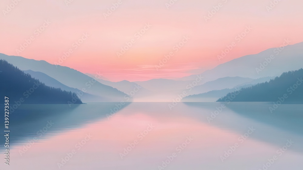 Serene mountain lake at dawn, with soft pastel colors. Serene mountain lake at dawn, with soft pastel colors.