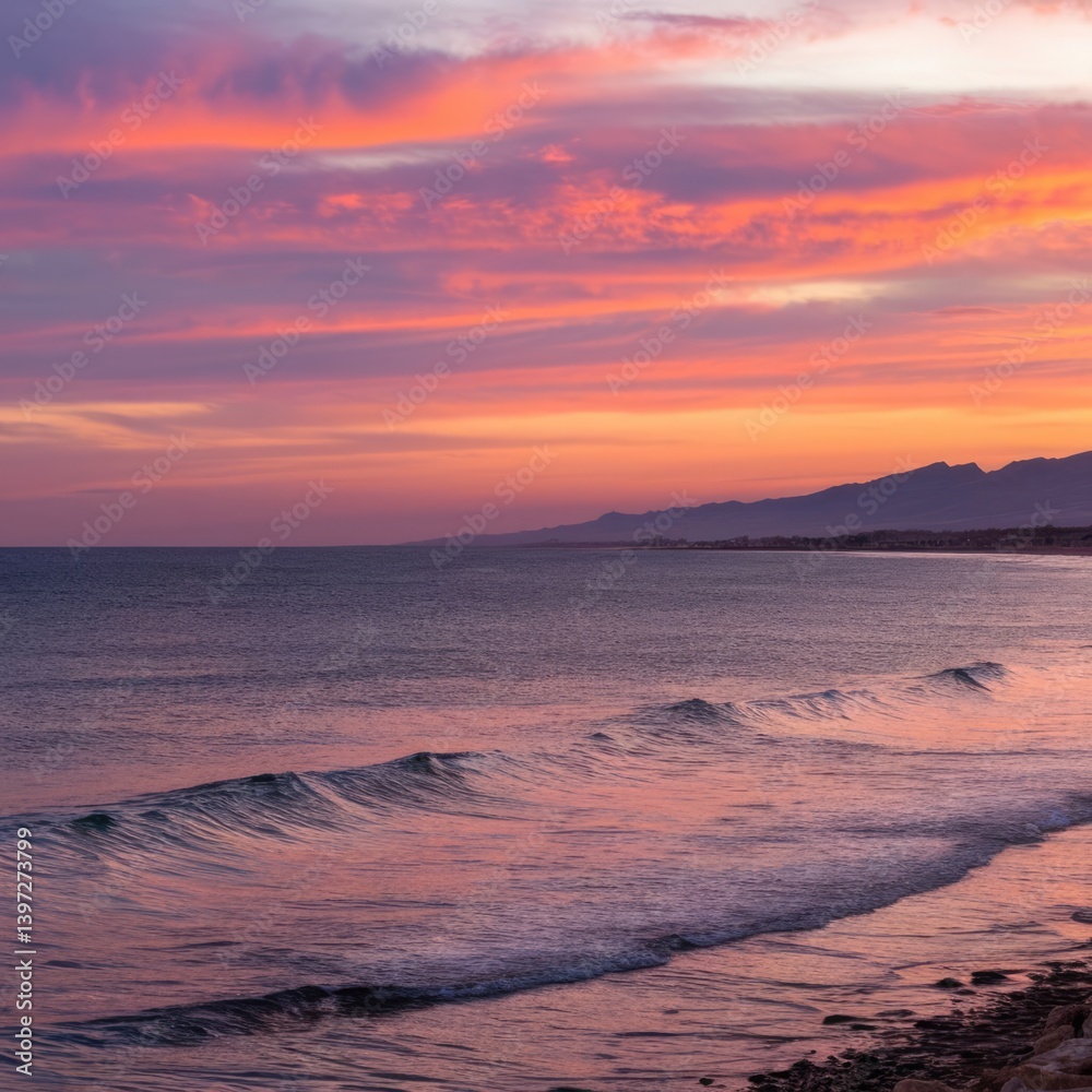 Obraz premium Serene Sunset over the Ocean Pink and Purple Sky, Gentle Waves
