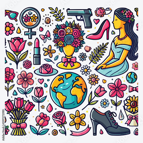 Mother's day icons set, female shoe flowers head world stock illustration