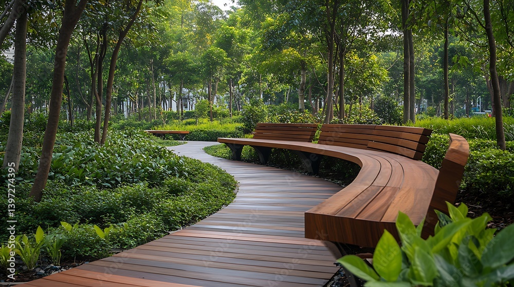Obraz premium wooden curved benches placed in a green park surrounded by trees grass and plants ideal for resting enjoying fresh air and eco friendly landscape design