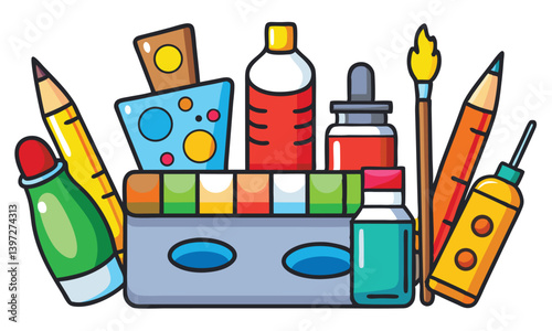 set of school accessories, brushes and paints
