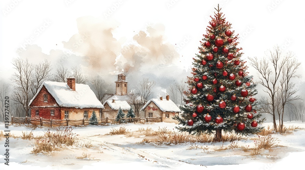 Snowy village scene with a decorated evergreen tree and cozy, snow-covered buildings Snowy village scene with a decorated evergreen tree and cozy, snow-covered buildings