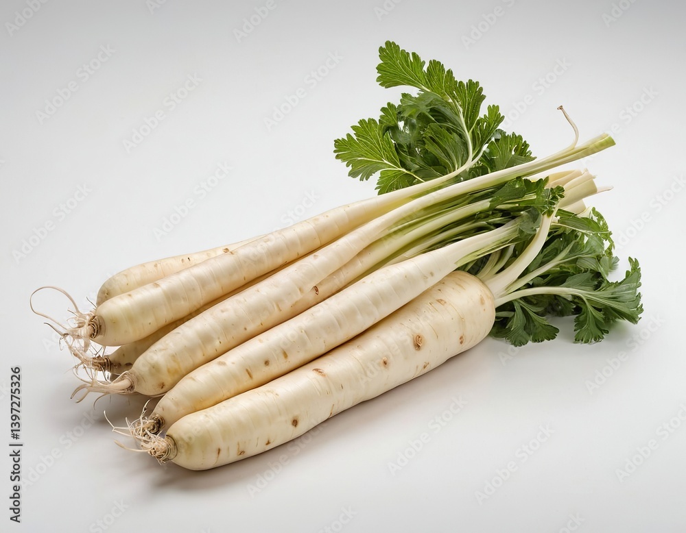 Fresh white radishes with green leaves on a clean background. Fresh white radishes with green leaves on a clean background.