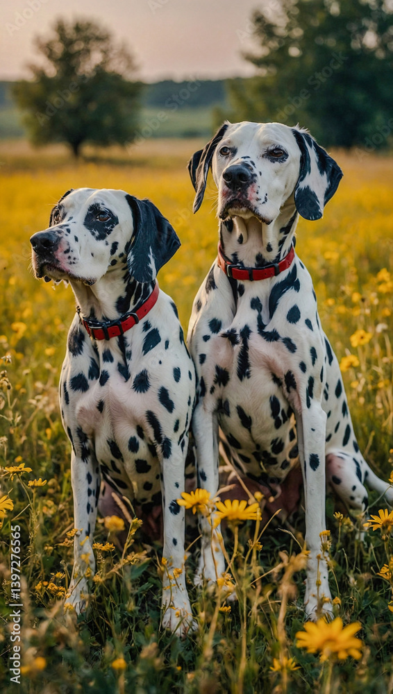 Cool Dalmatians in a summer meadow. Cool Dalmatians in a summer meadow.