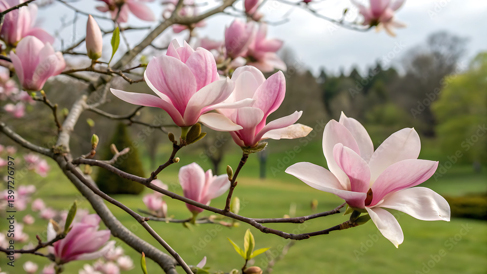 Fototapeta premium twig with blooming pink magnolia flowers close up over blue background, beautiful pink magnolia flowers blooming in the garden 