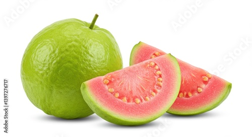 Fresh green guava with vibrant pink guava slices showcasing juicy texture and natural freshness