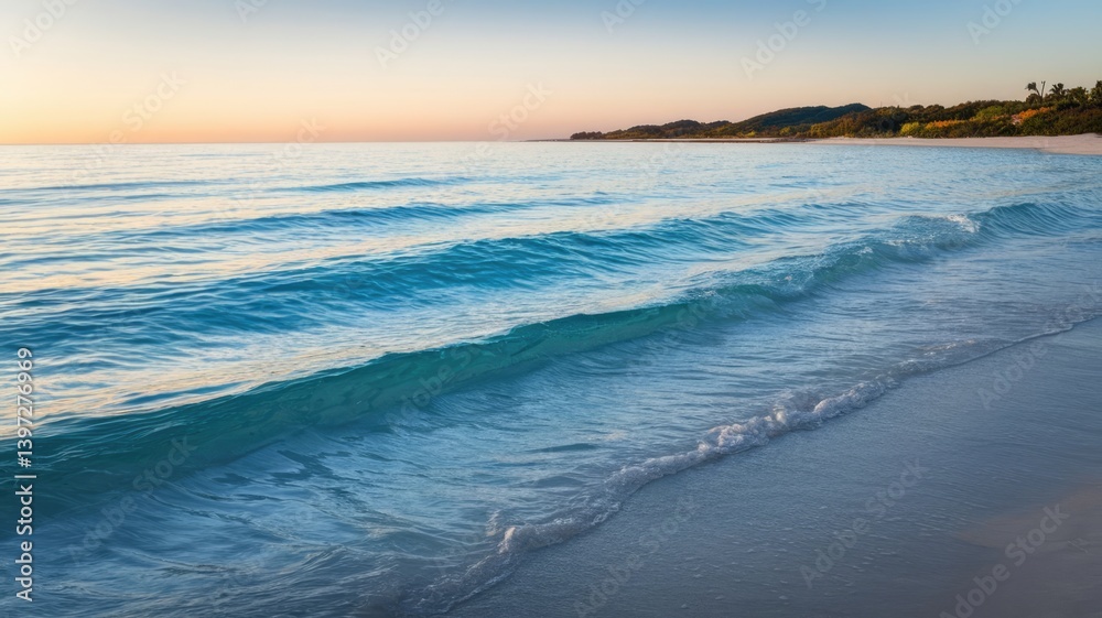 Obraz premium Serene Sunset Beach Ocean Waves Gently Crashing on White Sand Shore