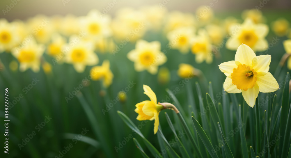 Daffodil flowers blooming in spring garden with soft background. Spring awakening concept for seasonal celebration and garden events Daffodil flowers blooming in spring garden with soft background. Spring awakening concept for seasonal celebration and garden events