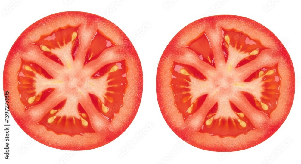 Two fresh slices of ripe red tomato with seeds and juicy texture on white background show symmetry Two fresh slices of ripe red tomato with seeds and juicy texture on white background show symmetry