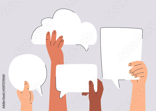 Group of people holding speech bubbles. Multicultural, diverse human hands sharing and exchanging opinions, ideas and information, voting. Trendy vector banner  illustration isolated on background.