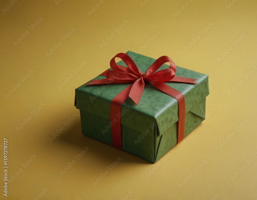 Obraz premium Green gift present on yellow flat background