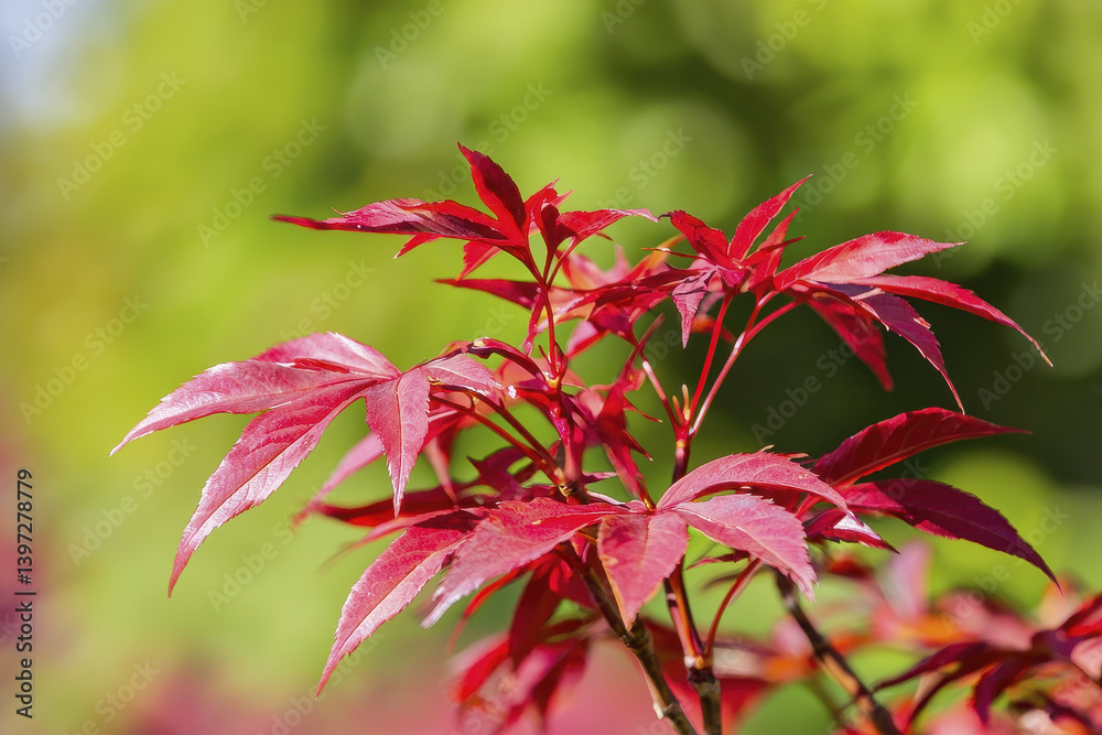 Fototapeta premium Vibrant red leaves of Japanese maple tree stand out against blurred green background, creating stunning visual contrast