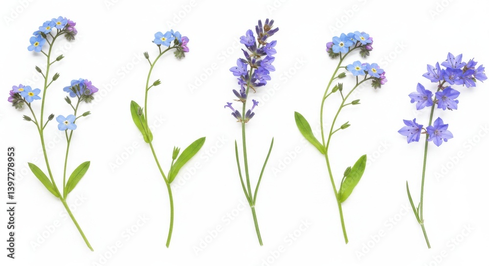 Fototapeta premium Delicate arrangement of wildflowers on a white background with lush green leaves and vibrant petals