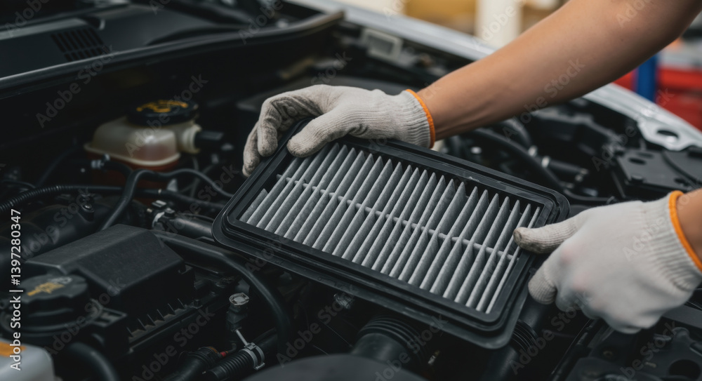 Mechanic hands in white gloves holding car air filter above engine compartment. Maintenance service process of replacing vehicle parts. Auto repair concept for regular service Mechanic hands in white gloves holding car air filter above engine compartment. Maintenance service process of replacing vehicle parts. Auto repair concept for regular service
