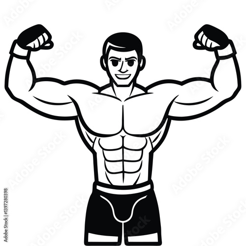 Victory Boxer Champion Vector, Muscular Fighter with Gloves Raised in Ring, Boxing Winner Clipart Design