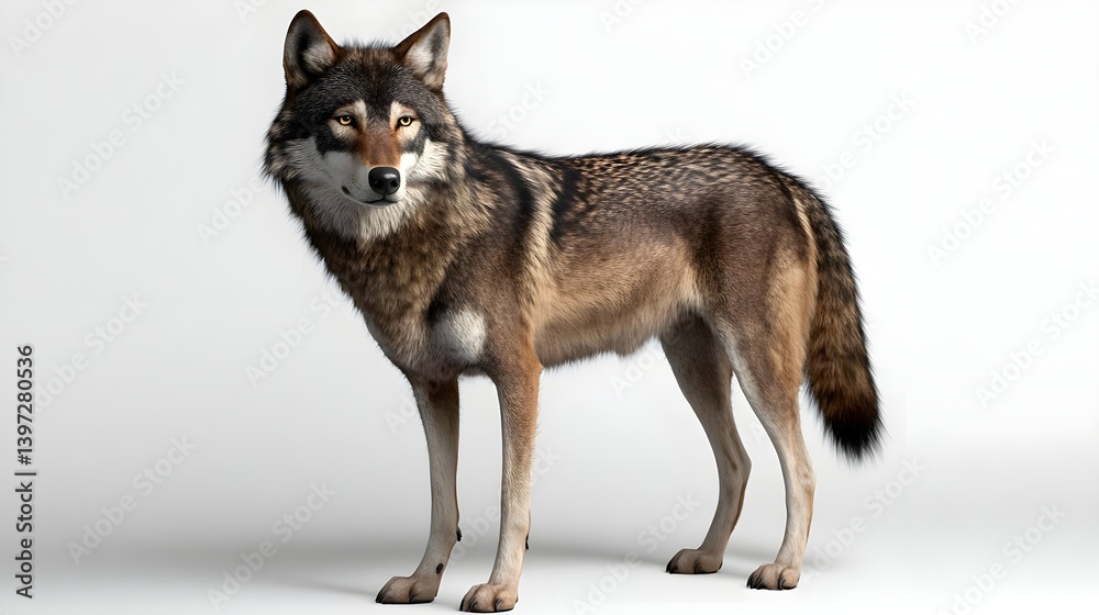 Fototapeta premium Realistic Wolf Standing on White Background for Stock Photography