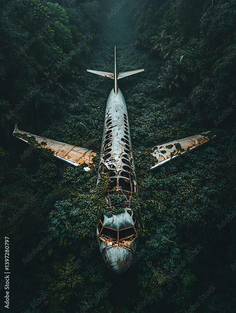 Obraz premium Aerial view of an abandoned decaying airplane reclaimed by lush green vegetation lost within a dense and mysterious forest.