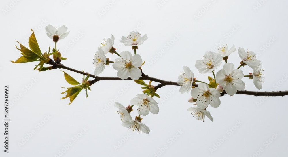 White cherry blossoms on a tree branch with green leaves against a bright and clear sky background White cherry blossoms on a tree branch with green leaves against a bright and clear sky background