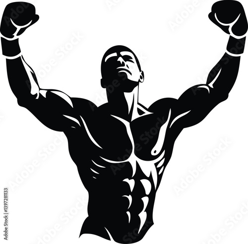 Victory Boxer Champion Vector, Muscular Fighter with Gloves Raised in Ring, Boxing Winner Clipart Design