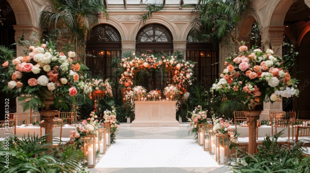 Naklejka premium Lush Victorian Inspired Garden Filled with Floral Arrangements and Greenery